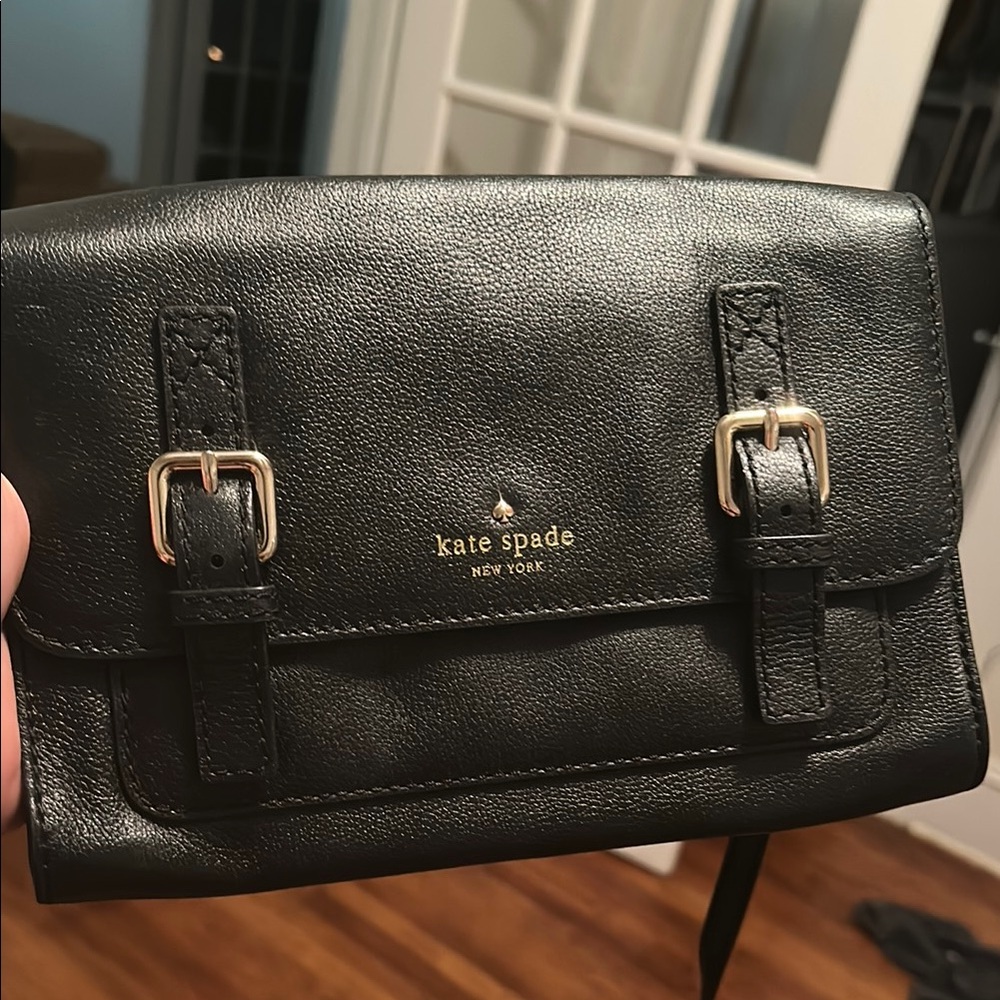 Kate Spade Black Leather Clutch with Gold Buckles